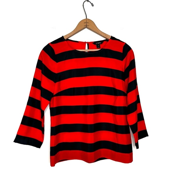 J. Crew | Red and Navy Blue Poly Crepe Striped Blouse Size XS - Picture 1 of 6